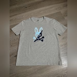 Psycho Bunny Mens Crew Neck Cotton Short Sleeve T-Shirt size L Gray, Blue Bunny